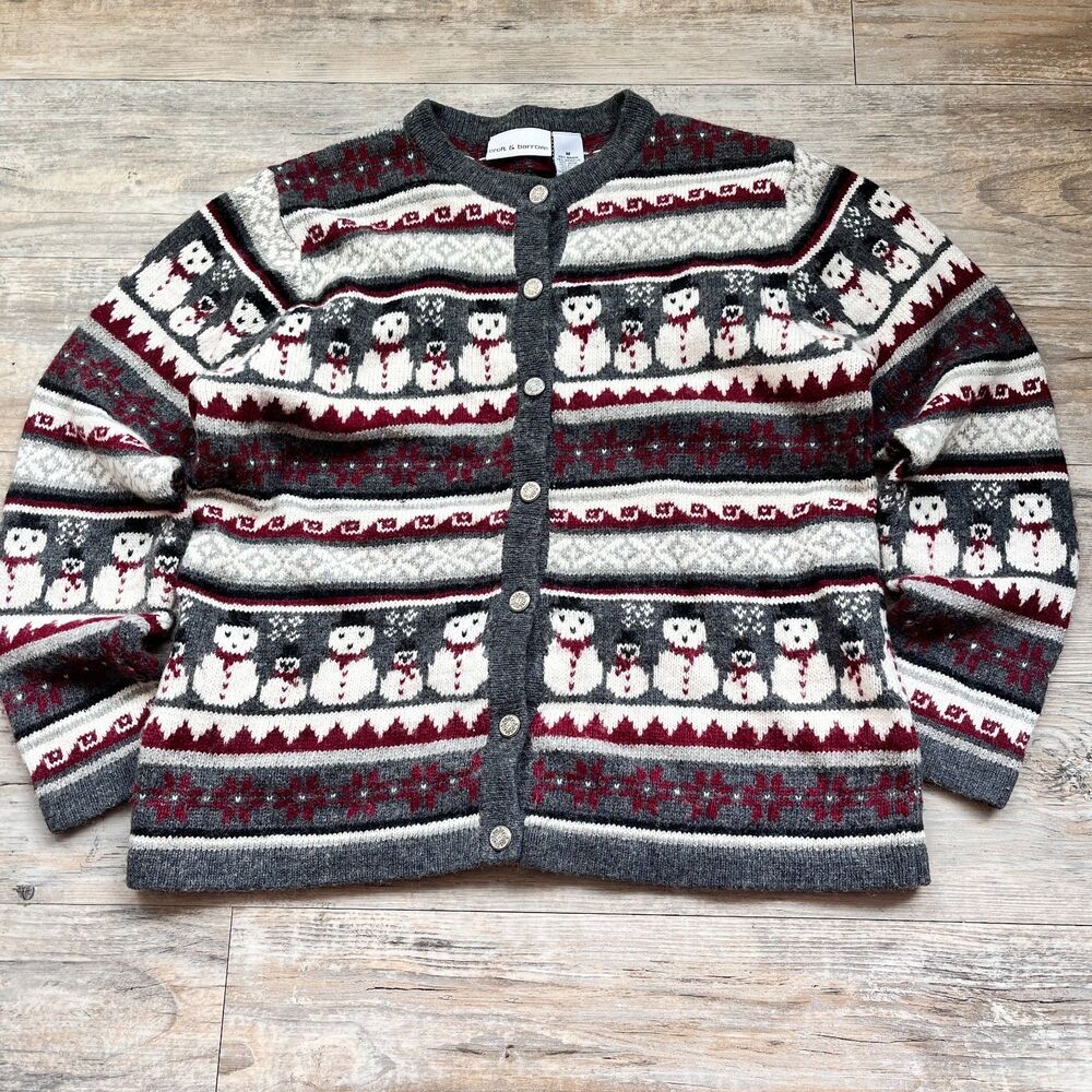 Croft & Barrow Snowman Fair Isle Cardigan Medium Gray Red Holiday Cozy Sweater